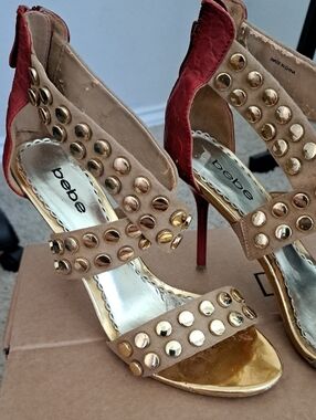 bebe Tan and Red Studded High Heel Sandals